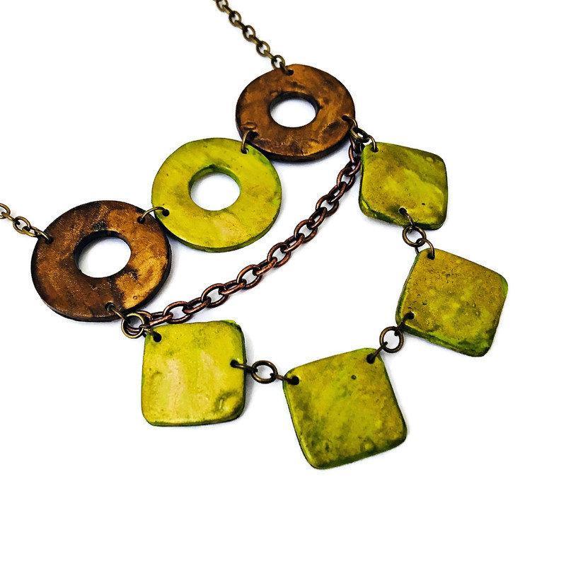Layered Statement Necklace in Chartreuse Green, Bronze & Gold - Velora Luxury Fashion