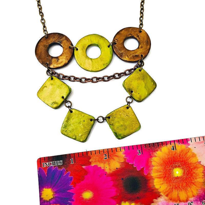Layered Statement Necklace in Chartreuse Green, Bronze & Gold - Velora Luxury Fashion