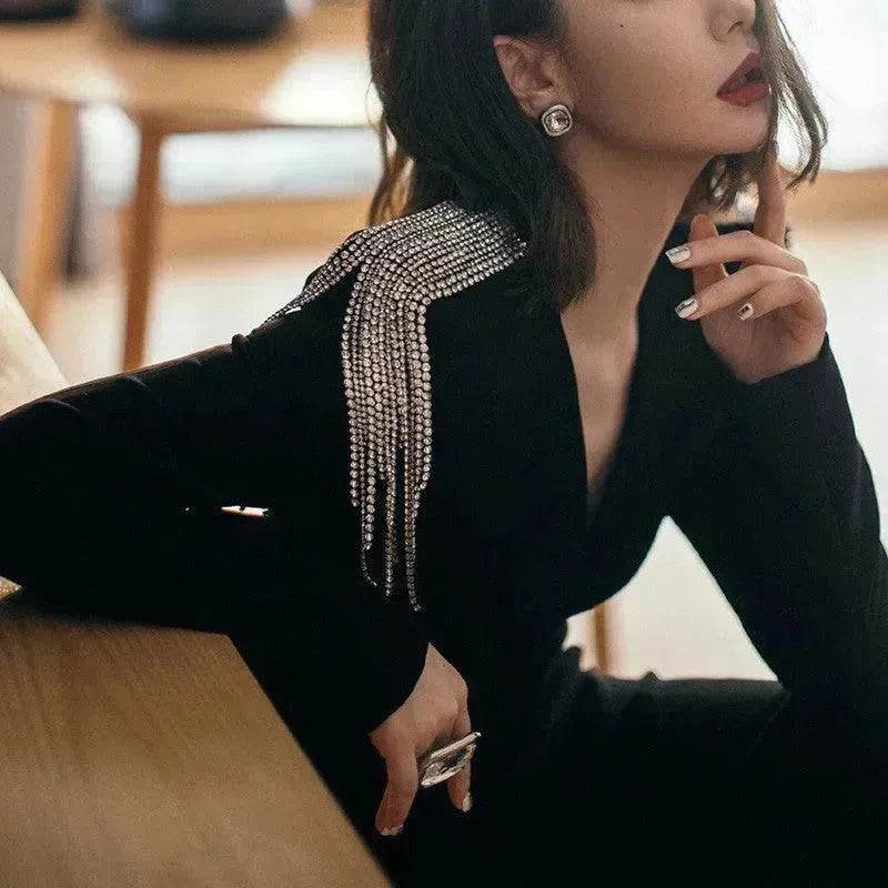 Long Sleeve Slimming Black Evening Dress - Velora