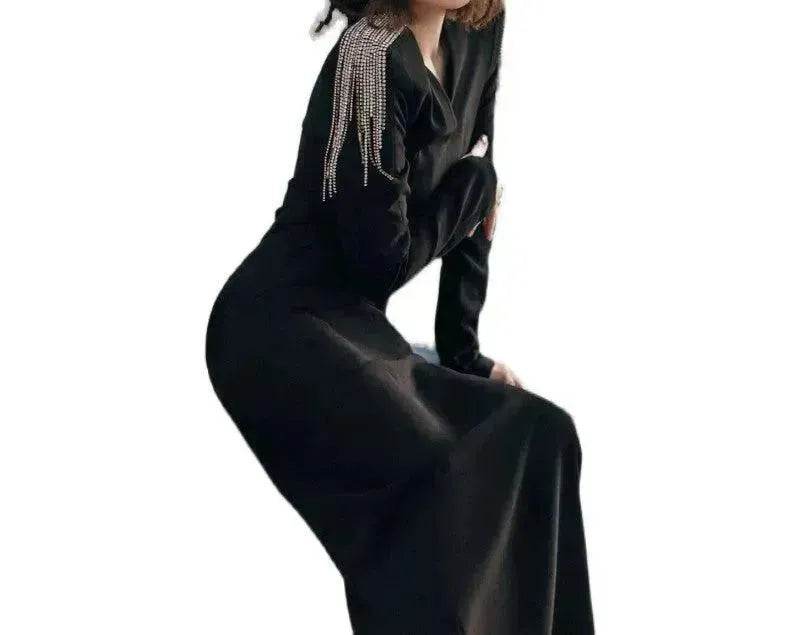 Long Sleeve Slimming Black Evening Dress - Velora