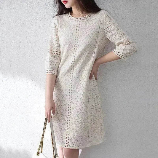 Loose Temperament Hollow-out Three-quarter Sleeve Straight Skirt - Velora