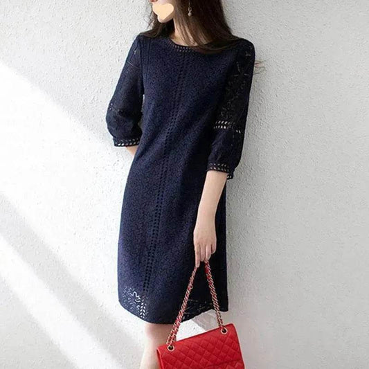 Loose Temperament Hollow-out Three-quarter Sleeve Straight Skirt - Velora