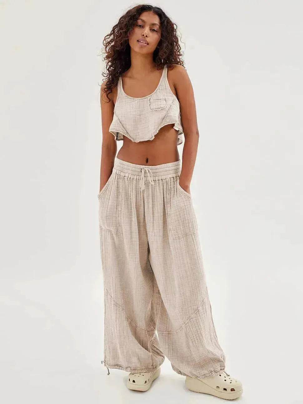 Loose Wide Leg Pants Women Drawstring Leggings Trousers - Velora