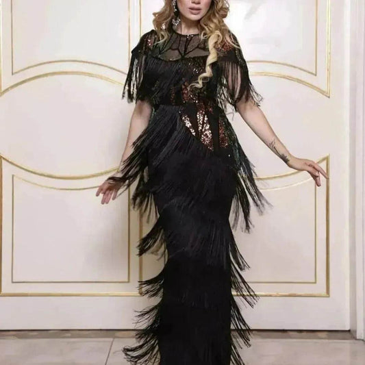 Luxurious Women's Sequined Stretch Fabric Multi-layer Dynamic Tassle Fashion Long Dress for Evening Party Cocktail Wedding Party. - Velora