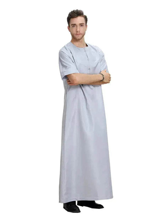 Fashionable and Elegant Men's Arab Short-sleeved Solid Color Robe Moroccan Men's Jalabiya