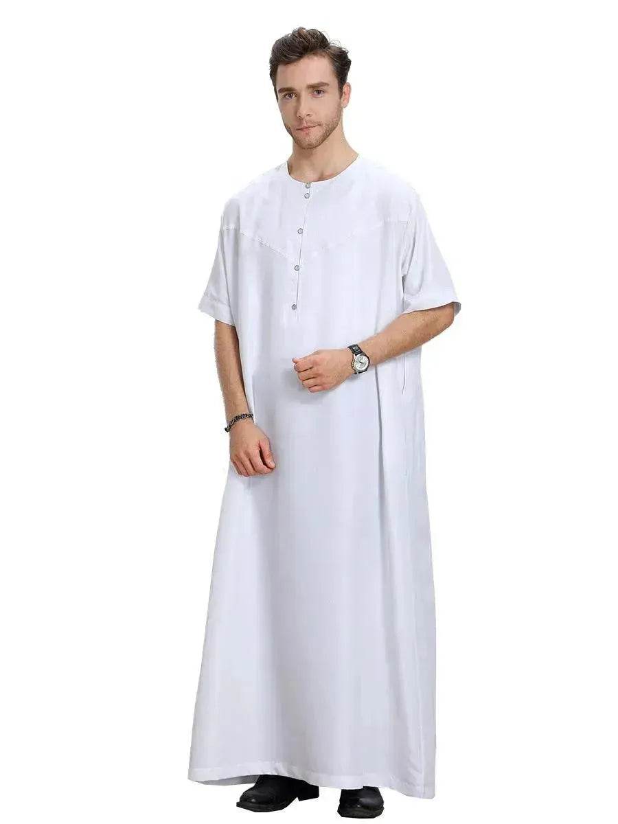 Fashionable and Elegant Men's Arab Short-sleeved Solid Color Robe Moroccan Men's Jalabiya