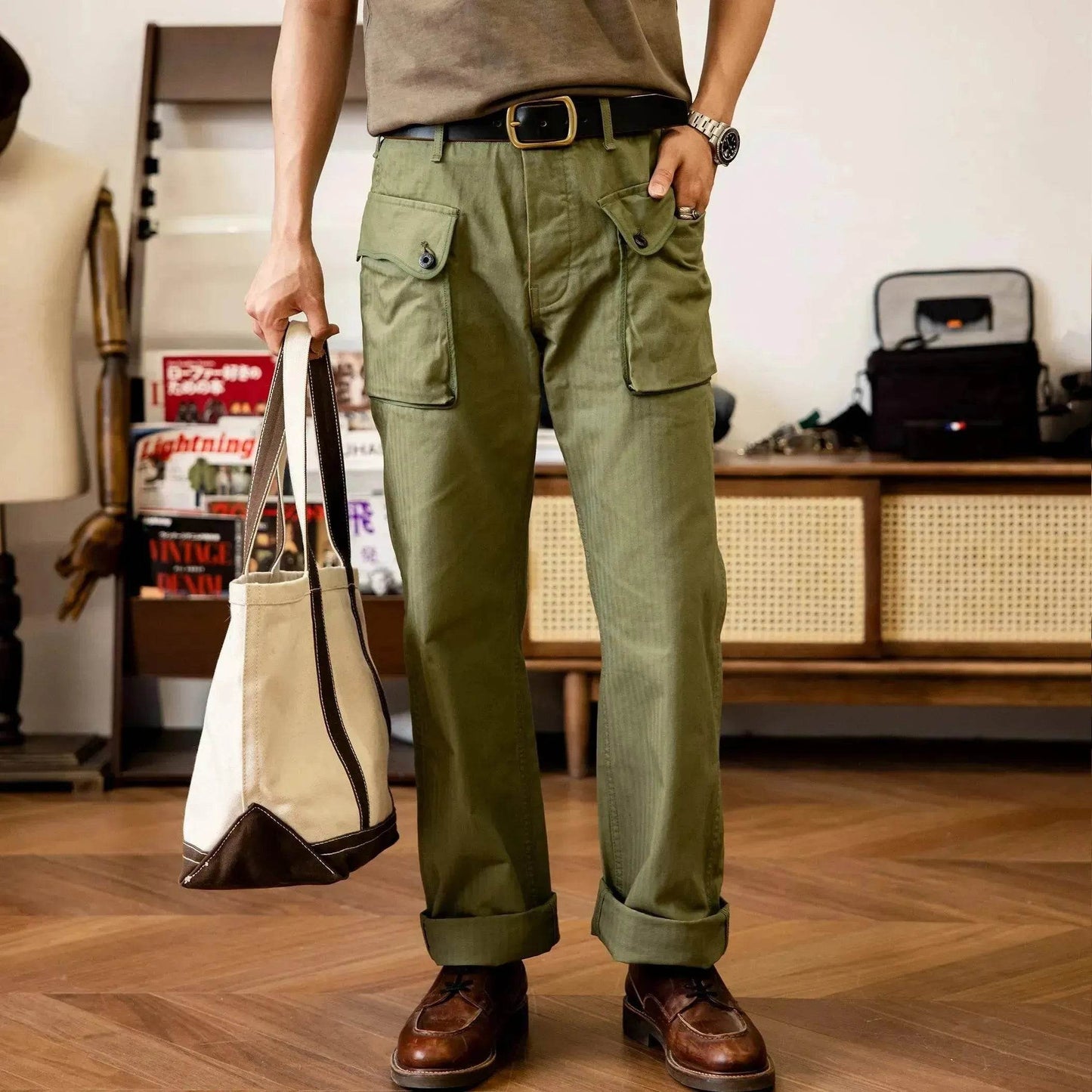 Men's Army Green Loose Straight Wide-leg Casual Pants - Velora