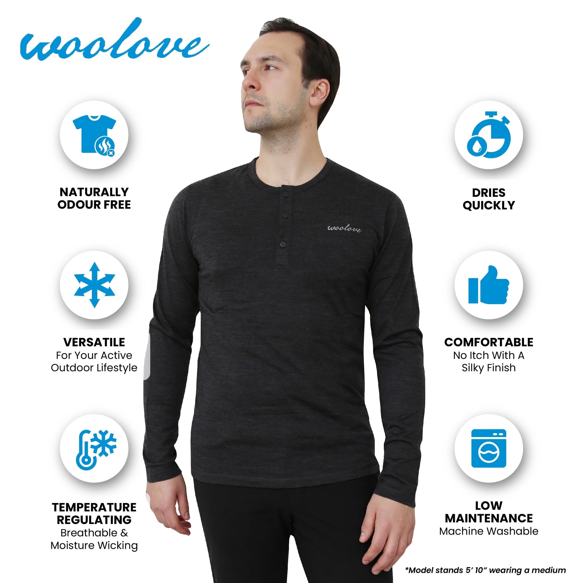 Men's 100% Merino Wool Long Sleeve Henley 190 GSM - Velora