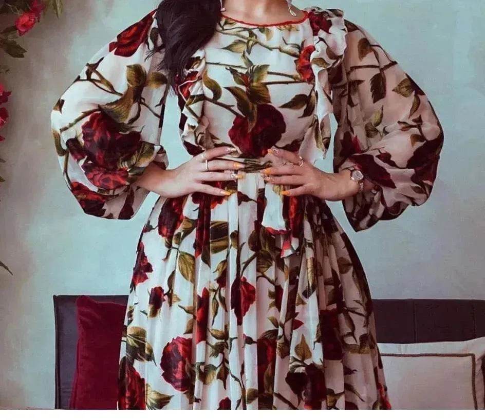 Middle Eastern Turkey Ruffled Rose Printed Bohemian Dress - Velora