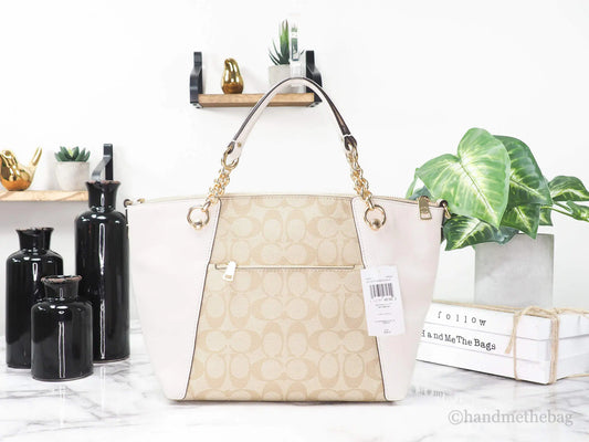 Coach (C8531) Kacey Light Khaki Chalk Signature Coated Canvas Convertible Top Zip Satchel Handbag