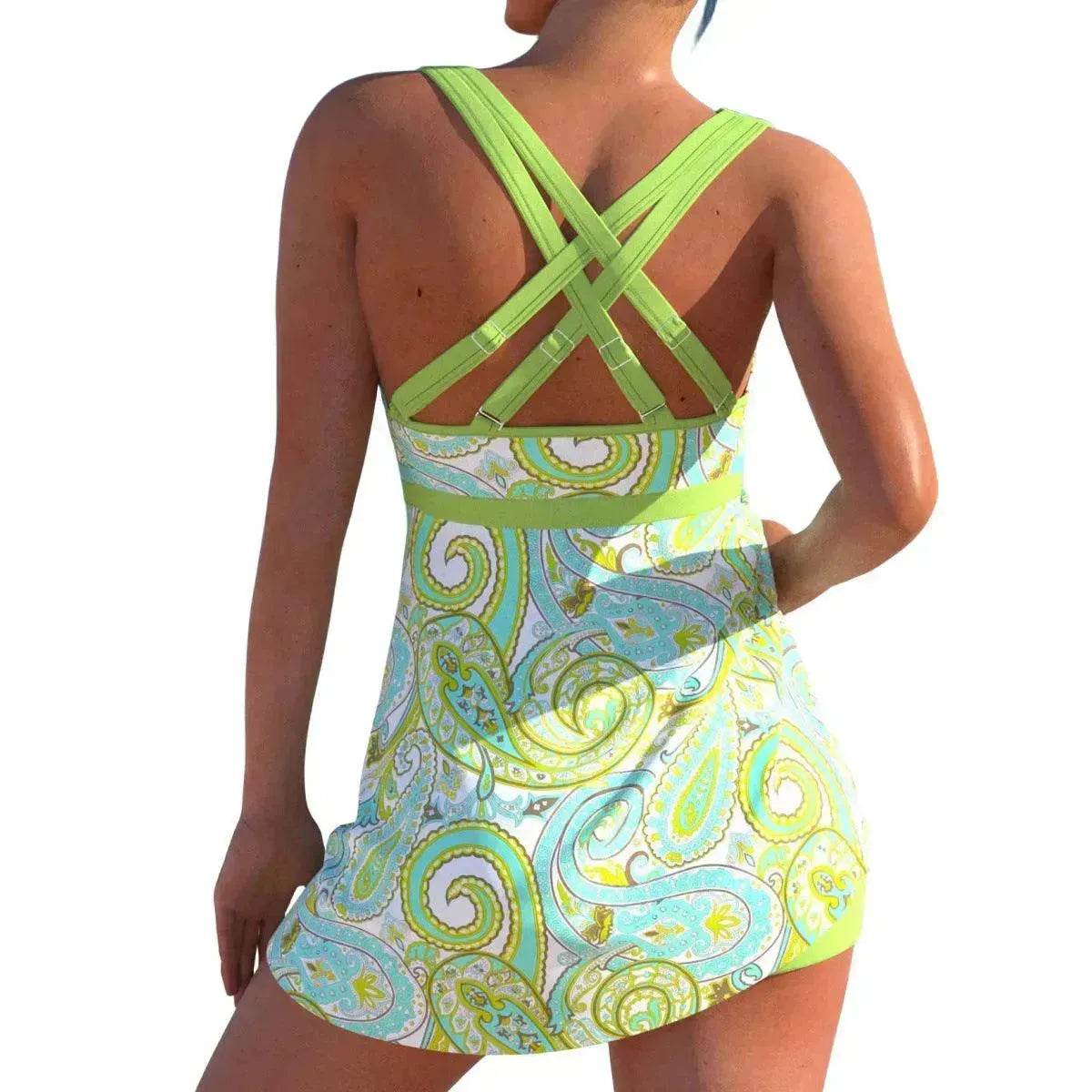 New European And American Plus Size Cherry Blossom Cross Strap Multi-color Skirt Split Women's Swimsuit - Velora