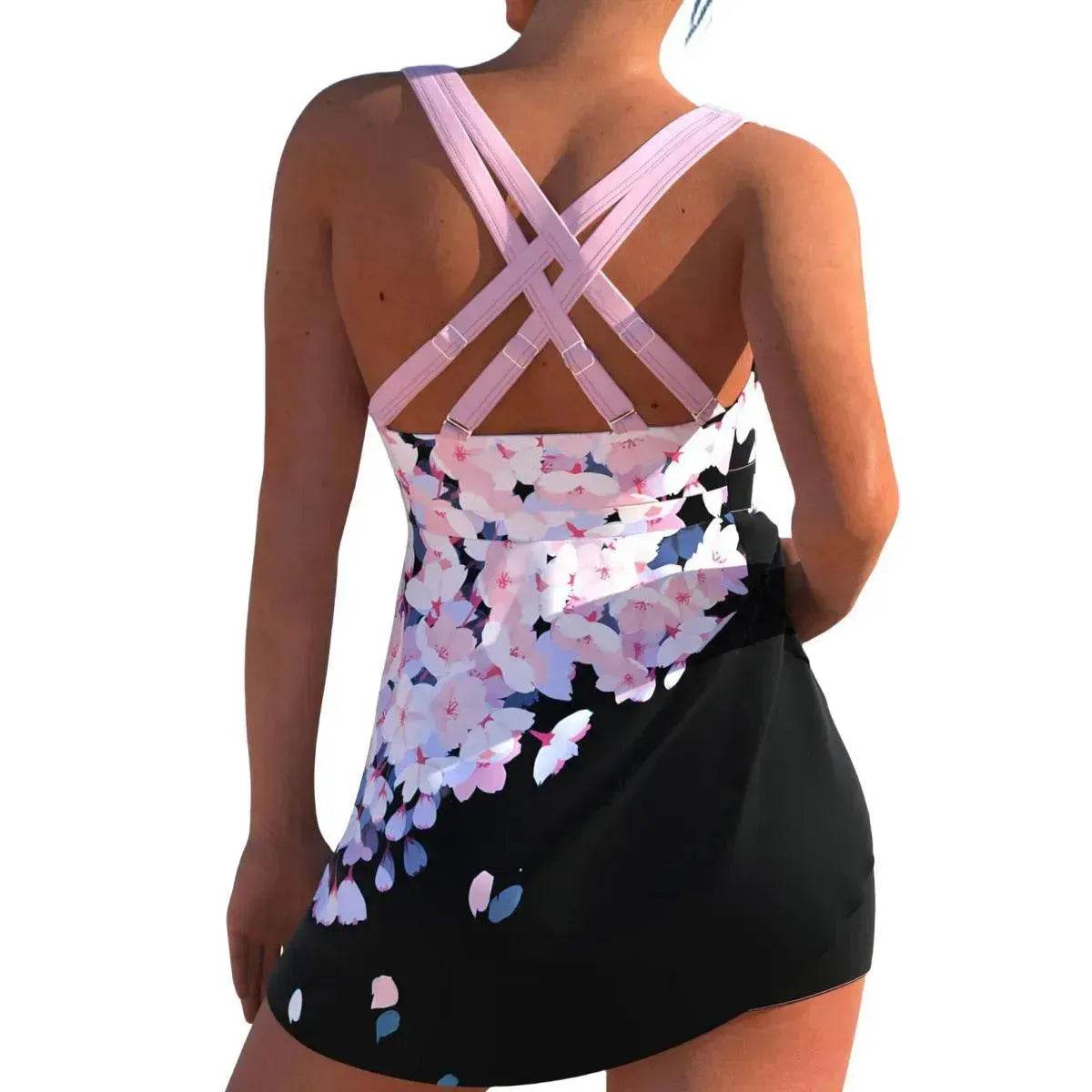 New European And American Plus Size Cherry Blossom Cross Strap Multi-color Skirt Split Women's Swimsuit - Velora