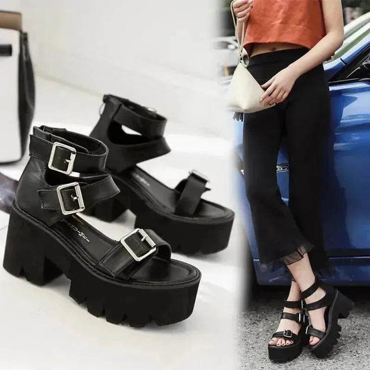 New Summer Roman Style European and American Ladies Ankle buckle Leather High Heel Wedge Black sandals . - Velora