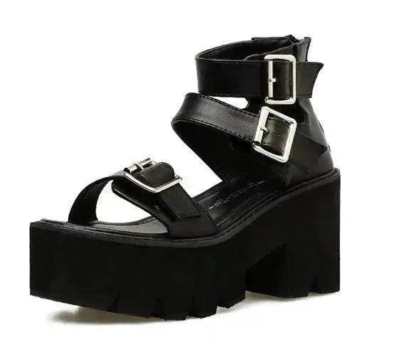 New Summer Roman Style European and American Ladies Ankle buckle Leather High Heel Wedge Black sandals . - Velora