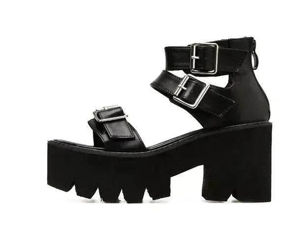 New Summer Roman Style European and American Ladies Ankle buckle Leather High Heel Wedge Black sandals . - Velora