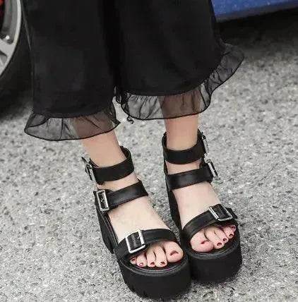 New Summer Roman Style European and American Ladies Ankle buckle Leather High Heel Wedge Black sandals . - Velora