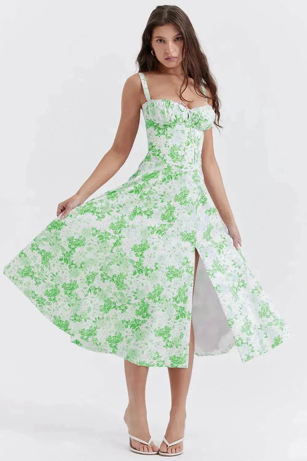 New Spring Summer Floral Midi Dress Spaghetti Strap Slit Midi Flared Gown - Velora