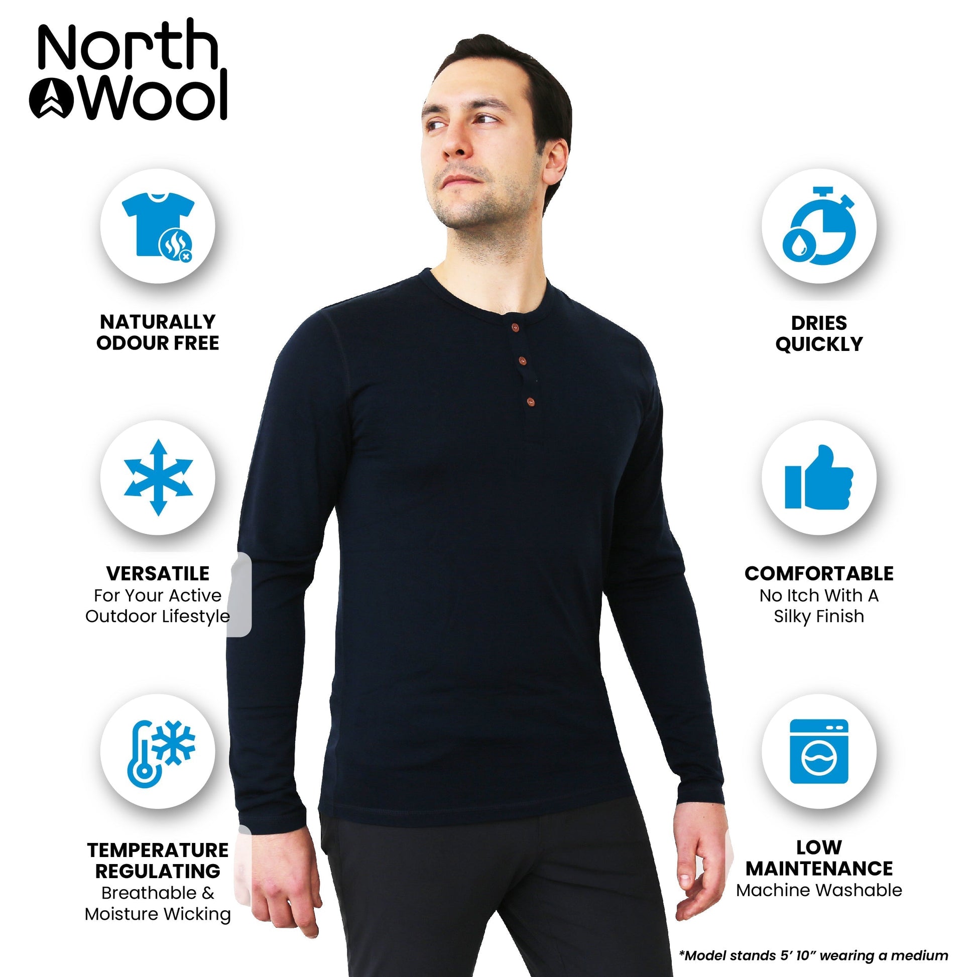 NorthWool Men's Merino Wool Long Sleeve Henley Base Layer Shirt 260 GSM - Velora