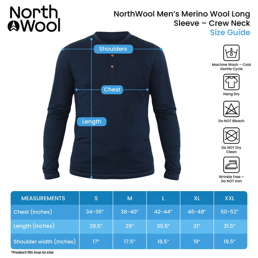 NorthWool Men's Merino Wool Long Sleeve Henley Base Layer Shirt 260 GSM - Velora