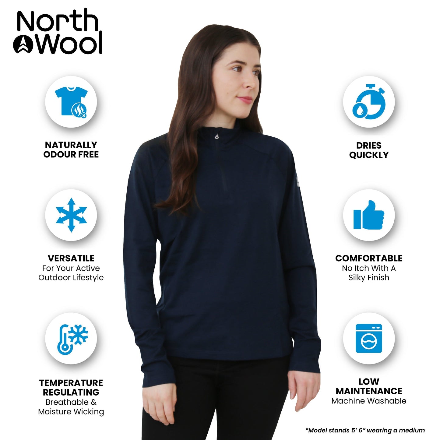 NorthWool Women's 100% Merino Wool 1/4 Zip Baselayer Pullover Sweater 260 GSM - Velora