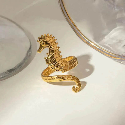 Ocean 18K Gold Stainless Steel Seahorse Opening Ring for Women - Velora
