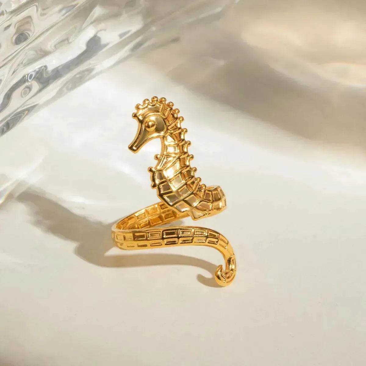 Ocean 18K Gold Stainless Steel Seahorse Opening Ring for Women - Velora