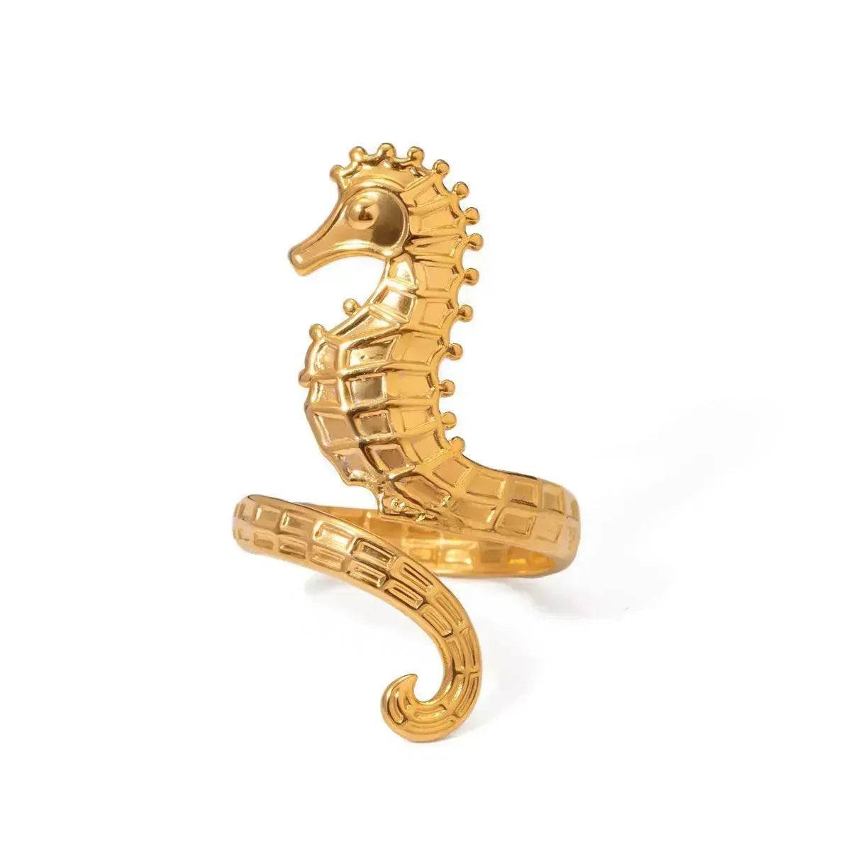 Ocean 18K Gold Stainless Steel Seahorse Opening Ring for Women - Velora