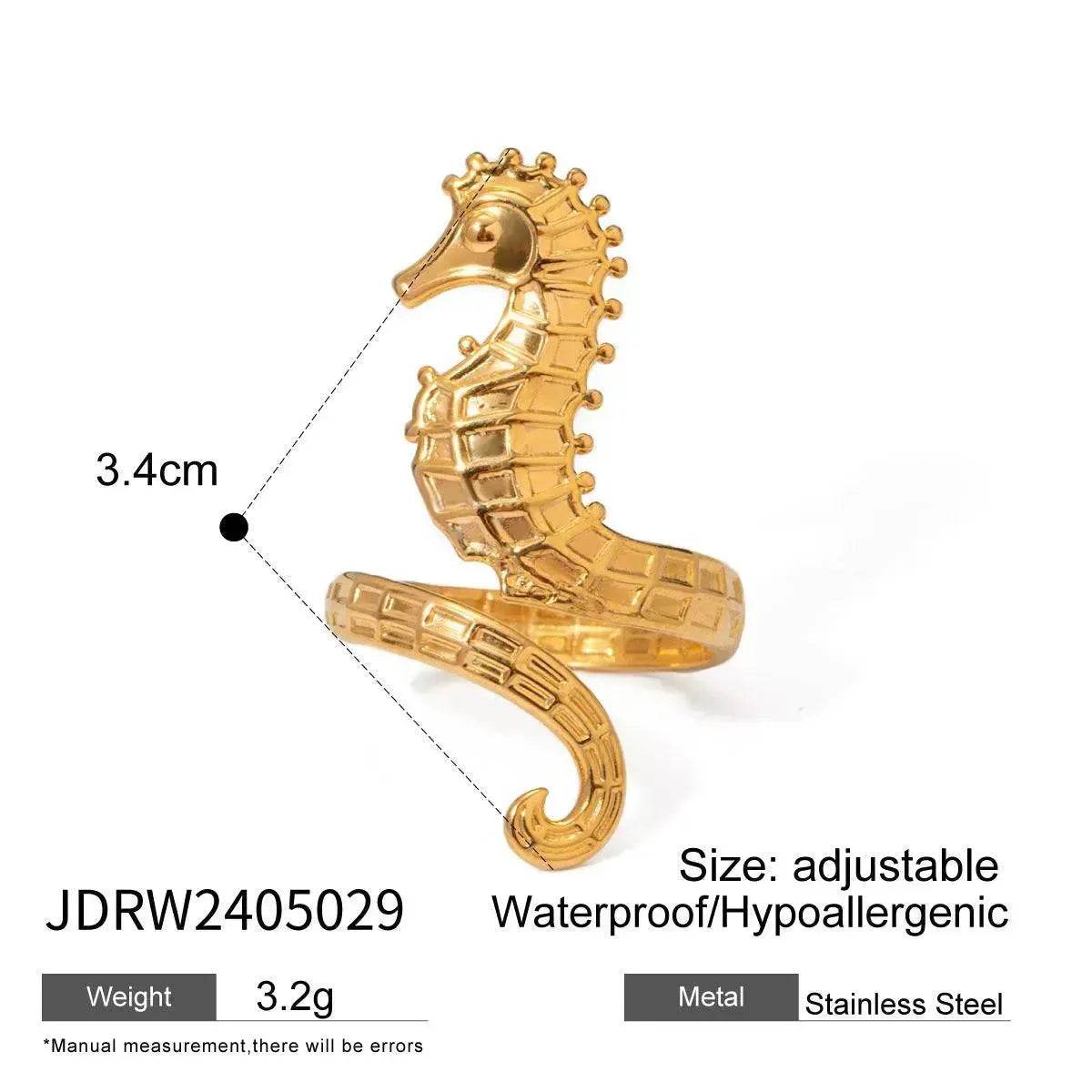 Ocean 18K Gold Stainless Steel Seahorse Opening Ring for Women - Velora