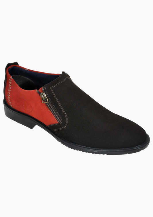 OHM Plain Toe Zip Closure Slip-on Leather Shoes Brown/ Red - Velora
