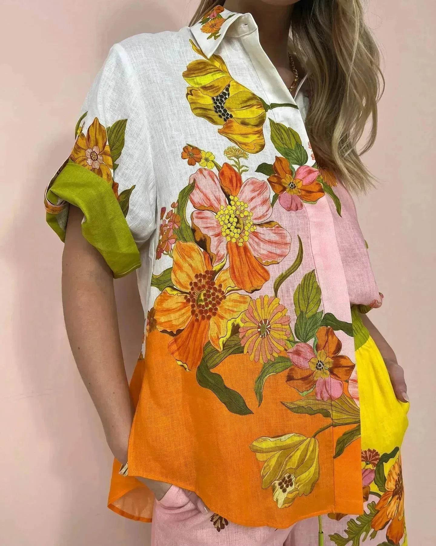 Women's Printed Cotton Linen Two-Piece Suit, Casual Top and Wide-Leg Pants Set, S to XL