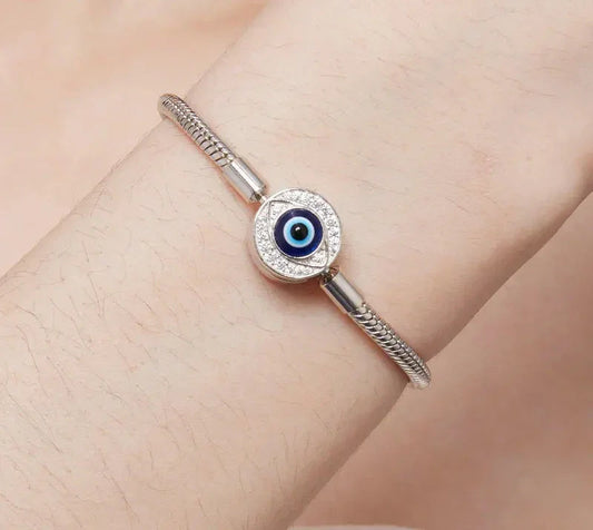 Protective Evil Eye Charm Sterling Silver Snake Chain Bracelet Itz Luxury