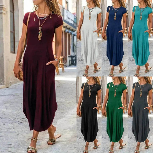 Pullover Short Sleeve Round Neck Mid Waist Solid Color Dress - Velora