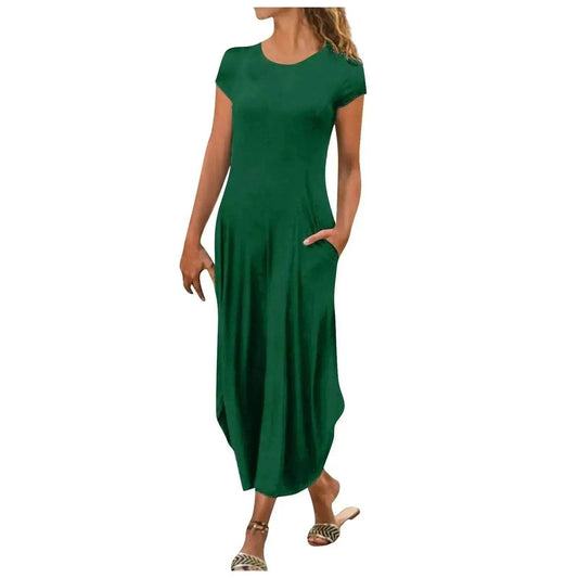 Pullover Short Sleeve Round Neck Mid Waist Solid Color Dress - Velora