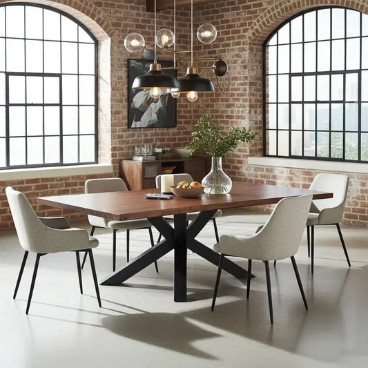 Table à diner patte Spider noir mat avec plateau en bois d'acacia brun