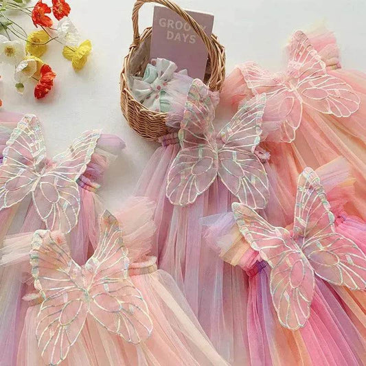 Rainbow Butterfly Wings Mesh Girl Dress - Velora