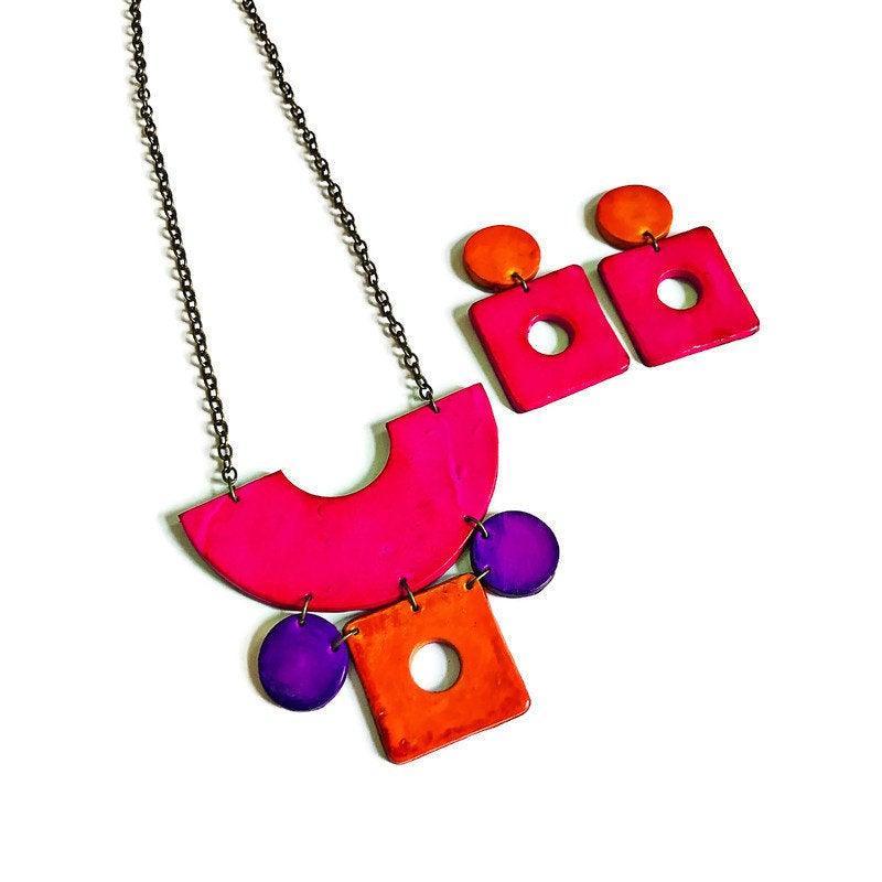 Geometric Statement Jewelry Set in Hot Pink, Purple Orange - Velora Luxury Fashion