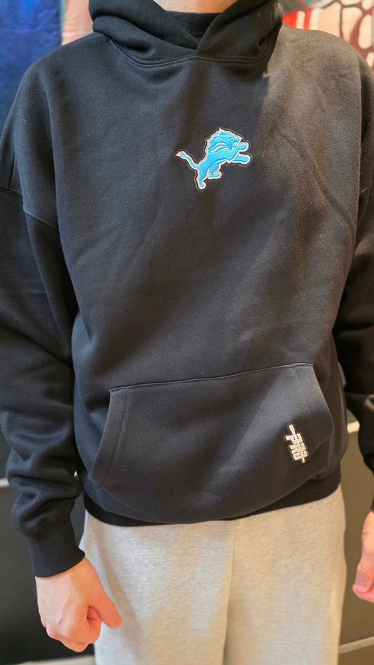 NFL DETROIT LIONS CLASSIC ICON MEN'S PRO DROP SHOULDER FLEECE PULL OVER HOODIE FDL5411198-BLK - Velora