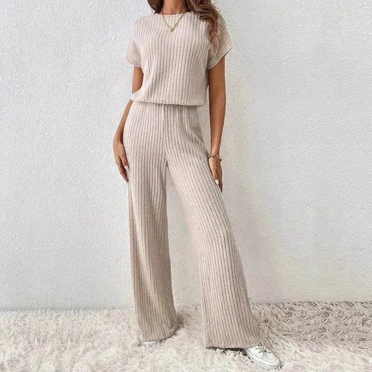 Round Neck Solid Color Fashion Knitted Top And Trousers Two-piece Set - Velora