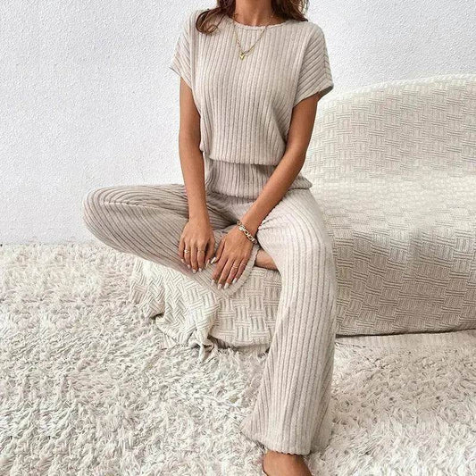 Round Neck Solid Color Fashion Knitted Top And Trousers Two-piece Set - Velora