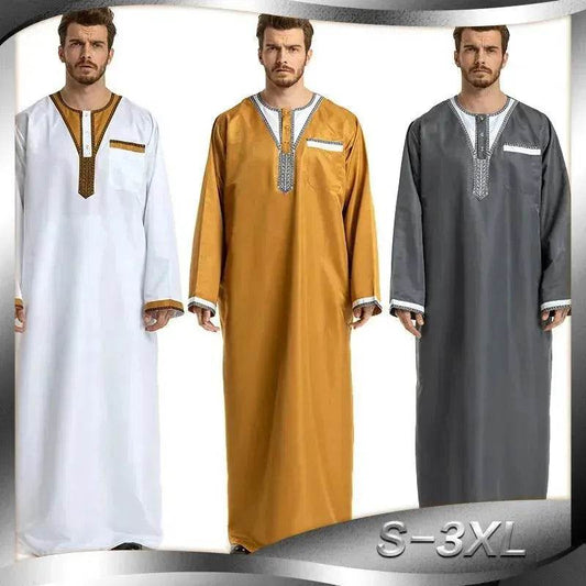 Fashionable and Elegant Round Neck Stitching Long-Sleeved Arab Hui Robe Male Moroccan Men's Jalabiya - Velora