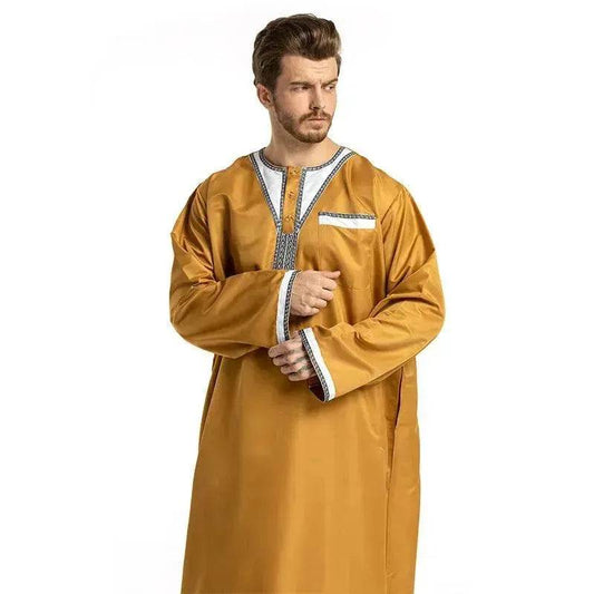 Fashionable and Elegant Round Neck Stitching Long-Sleeved Arab Hui Robe Male Moroccan Men's Jalabiya - Velora