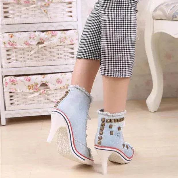 Denim High Heels boot Round Toe Women's Shoes - Velora