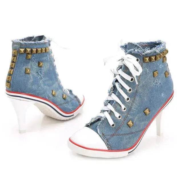 Denim High Heels boot Round Toe Women's Shoes - Velora
