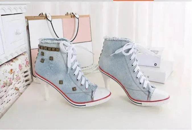 Denim High Heels boot Round Toe Women's Shoes - Velora