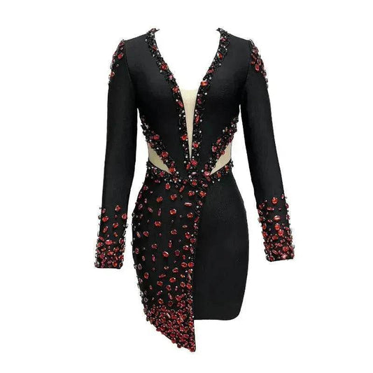 Ruby Beaded Low-cut See-through Dress - Velora