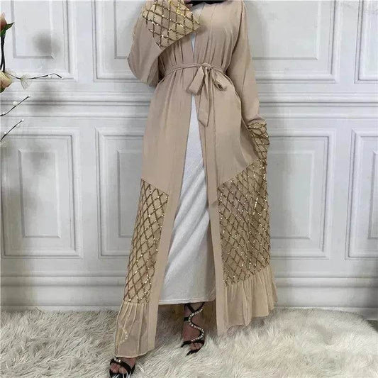 Sequined Embroidered Outerwear Robe Turkey Arab Dubai Middle East Women's Chiffon Cardigan Abaya Dress - Velora
