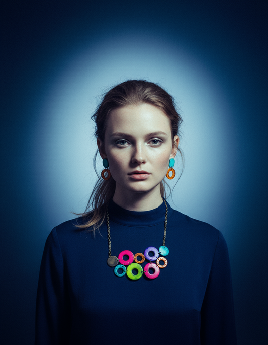 Colorful Jewelry Set with Linked Statement Necklace & Matching Earrings Handmade & Painted - Velora Luxury Fashion