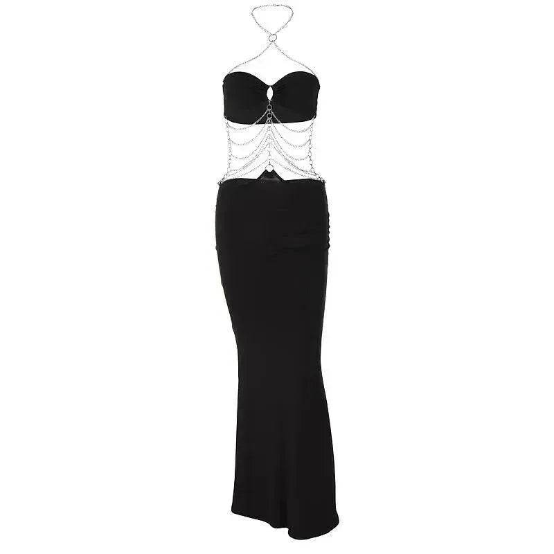 Charming Fashion Personality Halter Neck Wrap Chest Cutout Party Long Black  Dress for Women