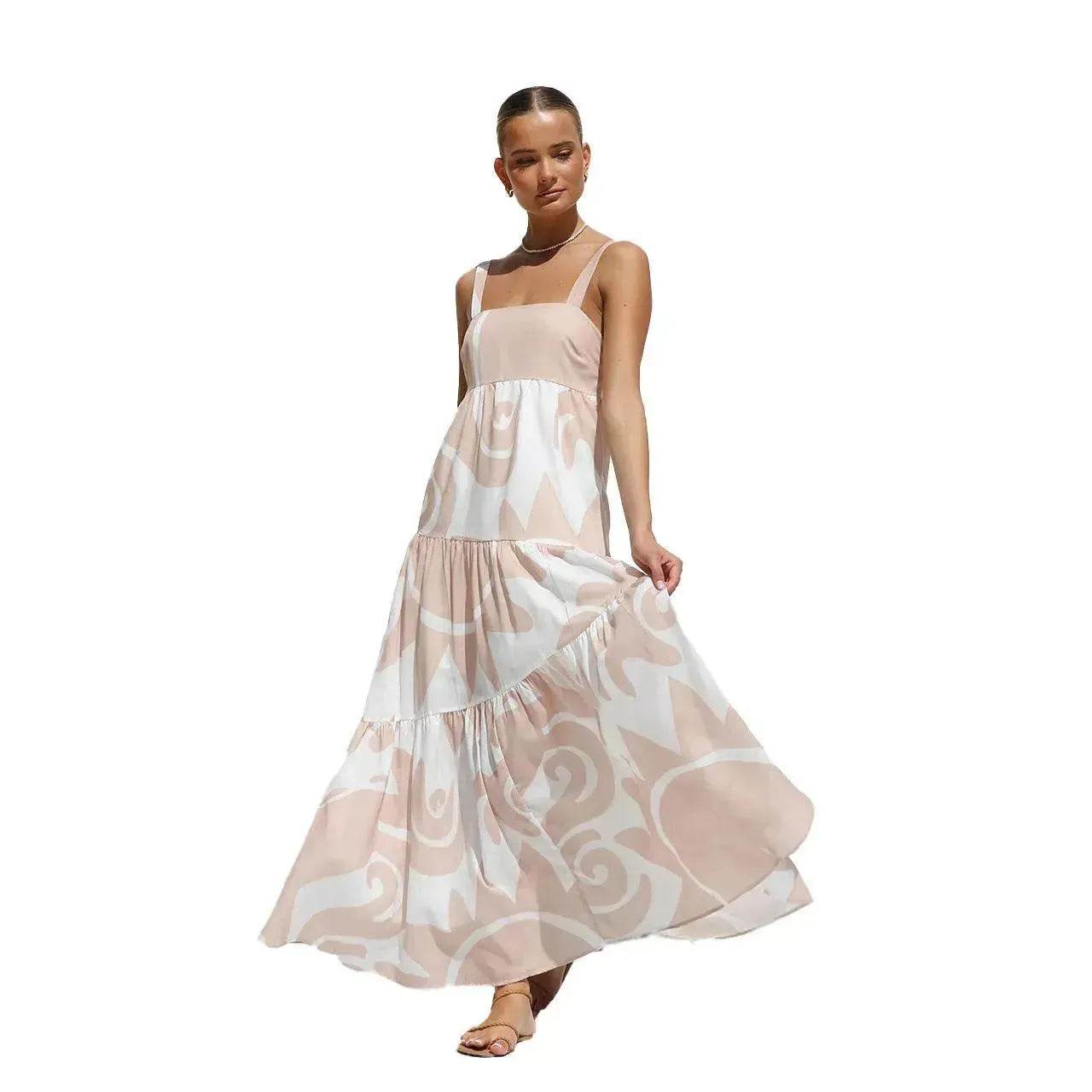 Simple Printing Fashion Suspenders Large Swing Dress - Velora