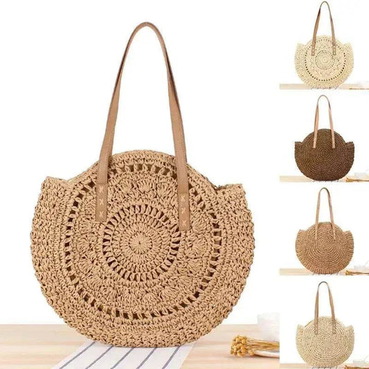 Simple Round Shoulder Bag Straw Handbag Summer Beach Bags - Velora
